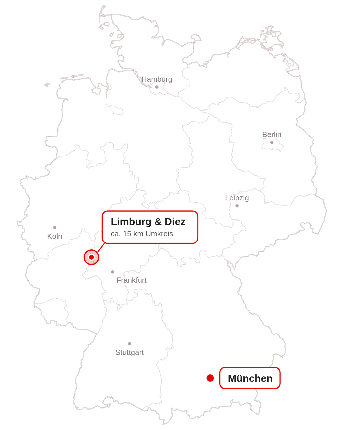 Karte des Einsatzgebiets: Limburg und Diez mit ca. 15 km Umkreis sowie München
